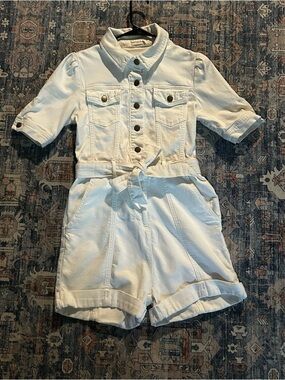 Avec Les Filles White Short-Sleeve Denim Romper with Tie Waist